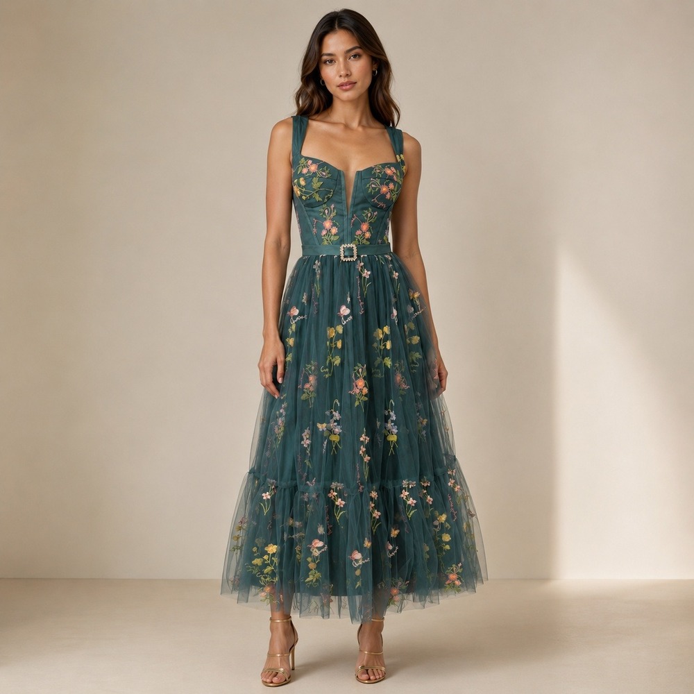 Whimsical Floral Embroidered Gown Women 4 Green Tulle Corset Tea length Fairy